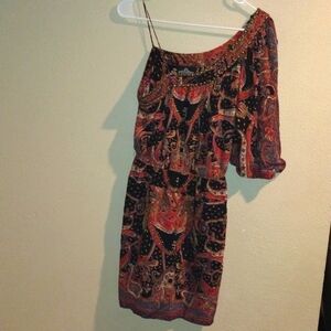 Paisley Midi Dress with One Puff Sleeve and Copper Detailing along Neckl…